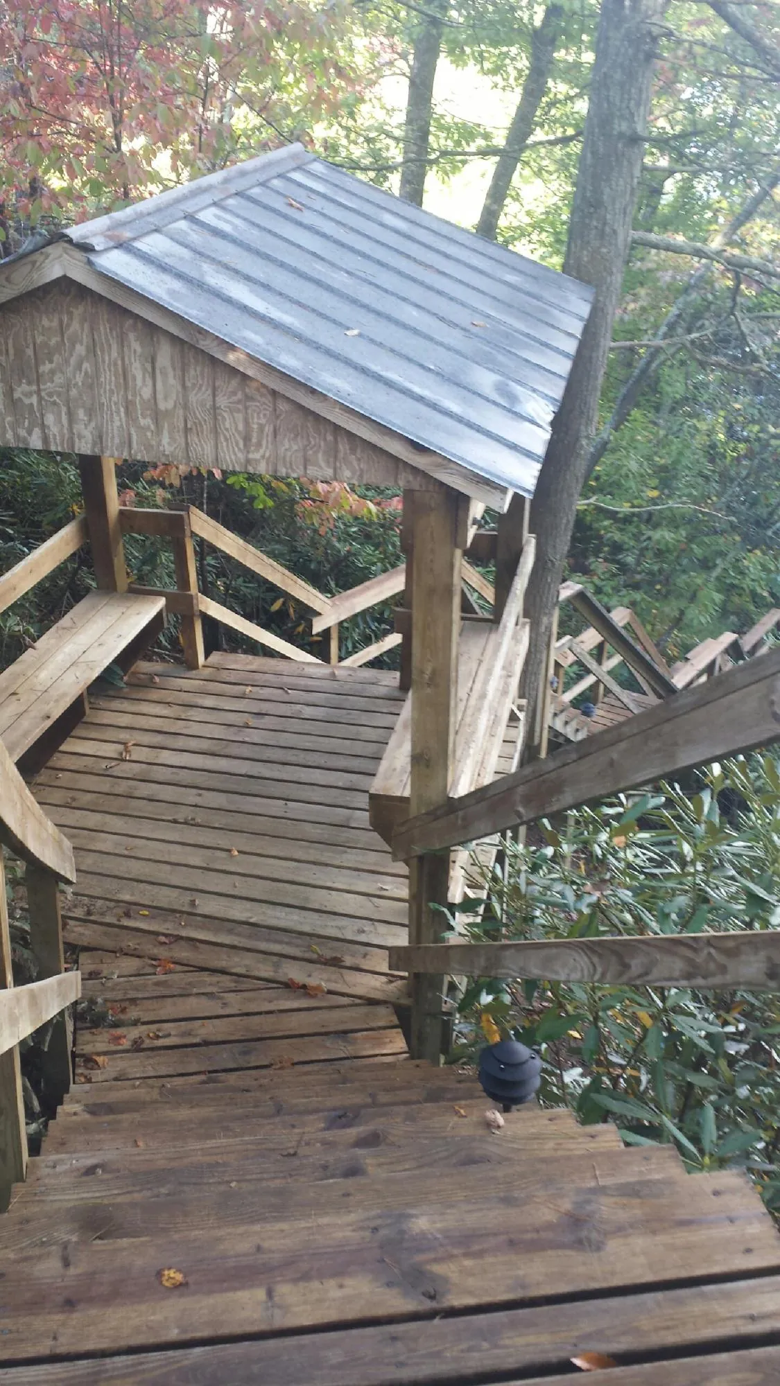 Metal roofed shelter over wooden steps on a wooded walkway — Skylight Repair & Installation work by our crew in Belmar